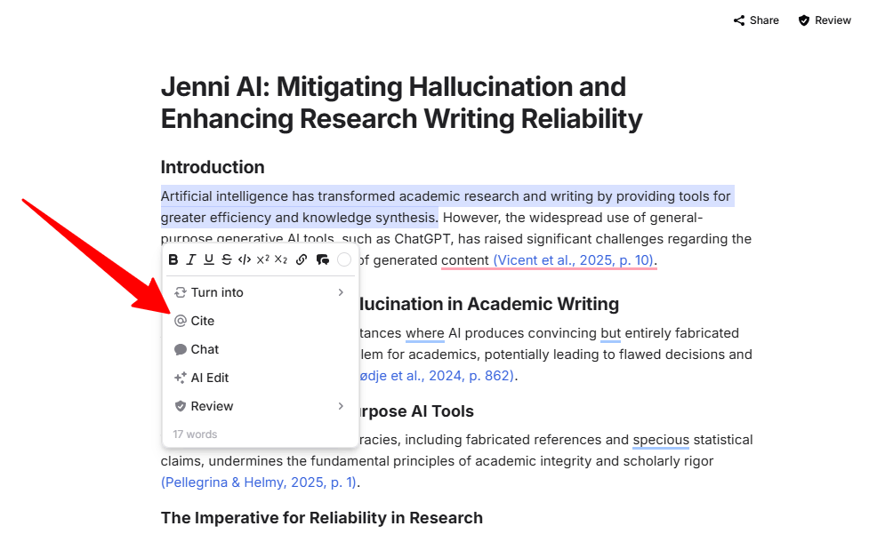 Highlighting a sentence and citing it with Jenni AI.