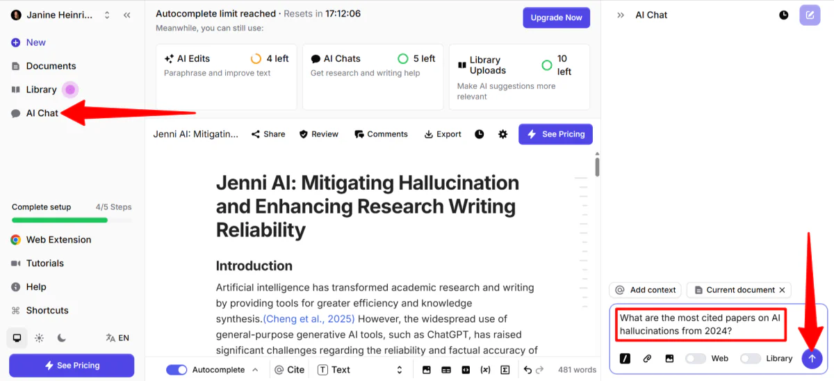 Asking Jenni's AI chat a question.