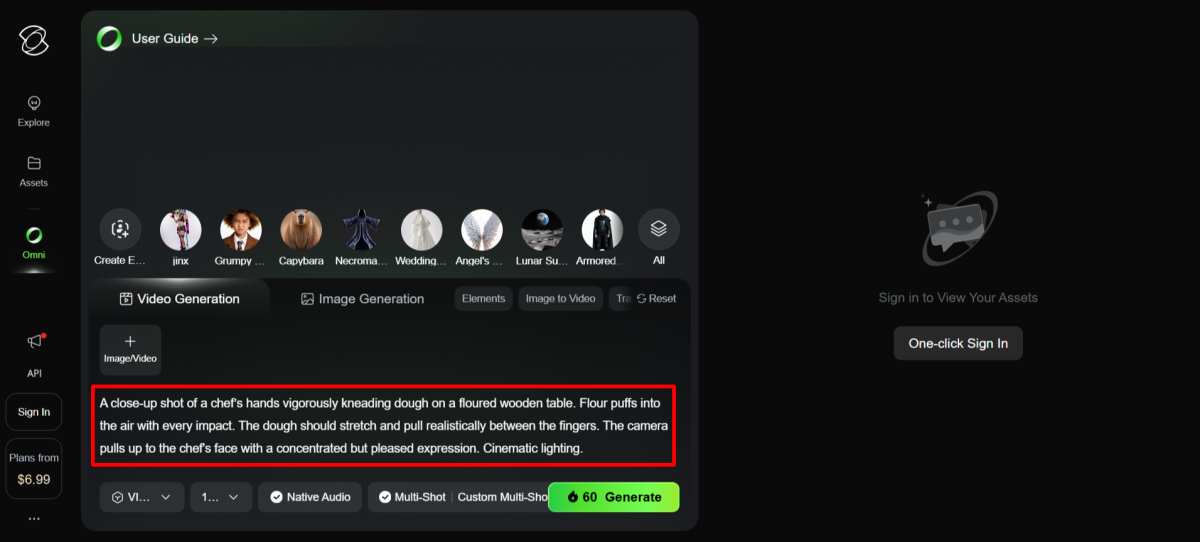 Menambahkan prompt ke generator video Kling AI.