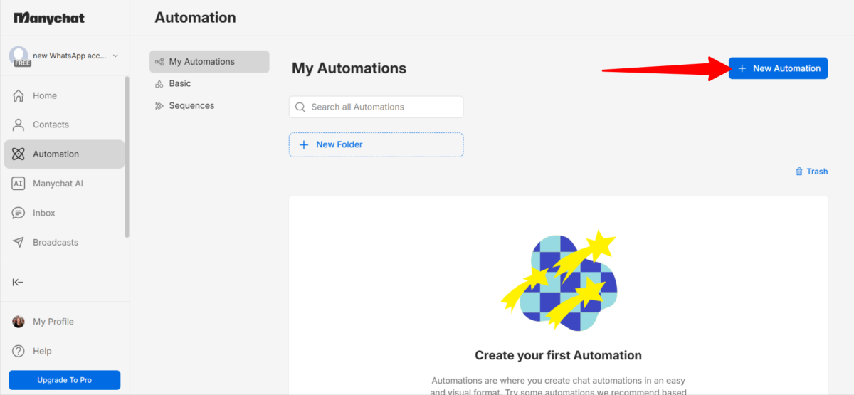 Creating a new automation in Manychat.