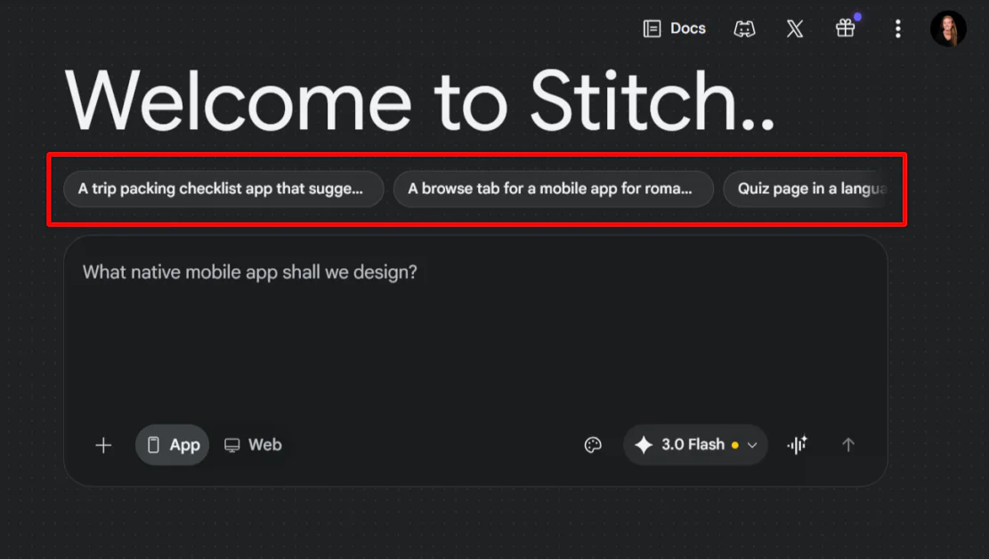 Stitch example prompts.