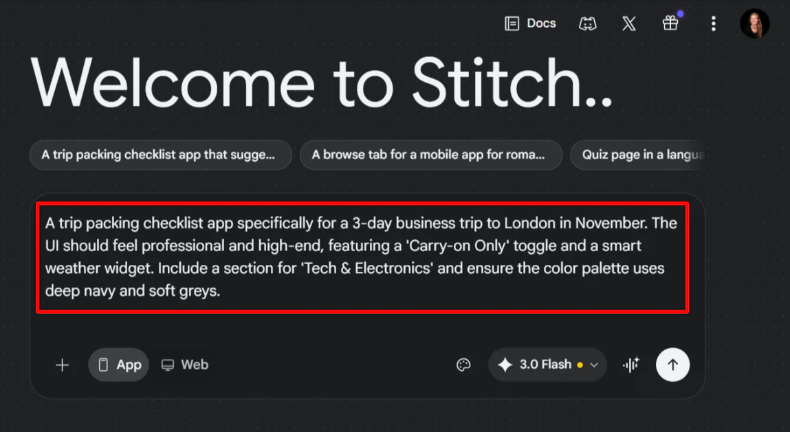 Adding a custom text prompt to the Stitch prompt generator.