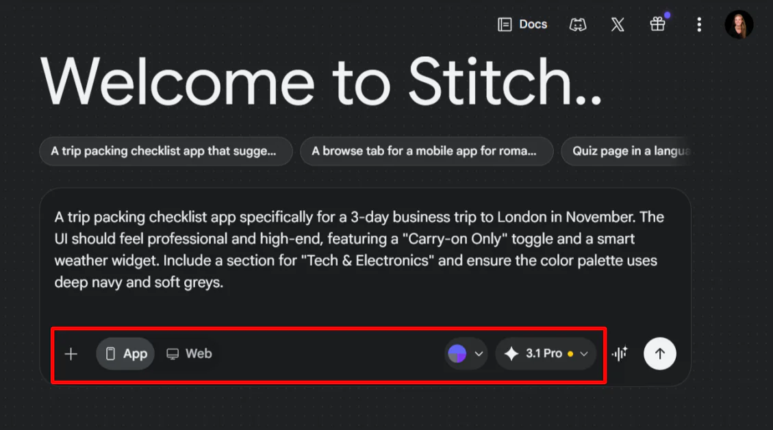 Adjusting the settings when generating an app with Stitch.