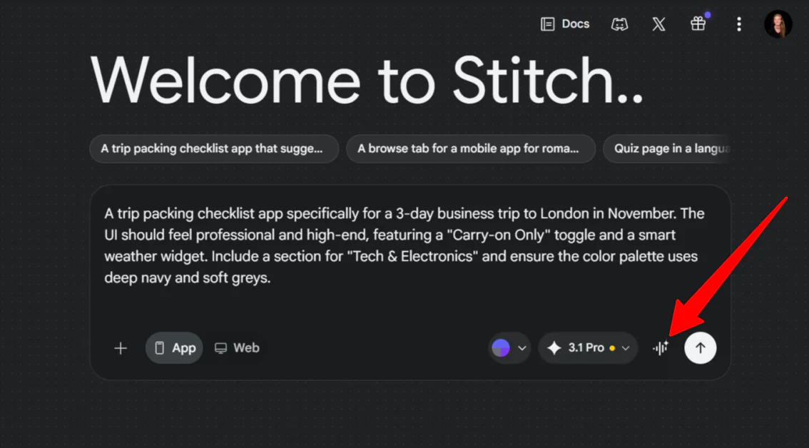 Selecting the preview button on Stitch.
