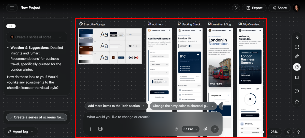 A London travel app wireframe generated with Google Stitch.