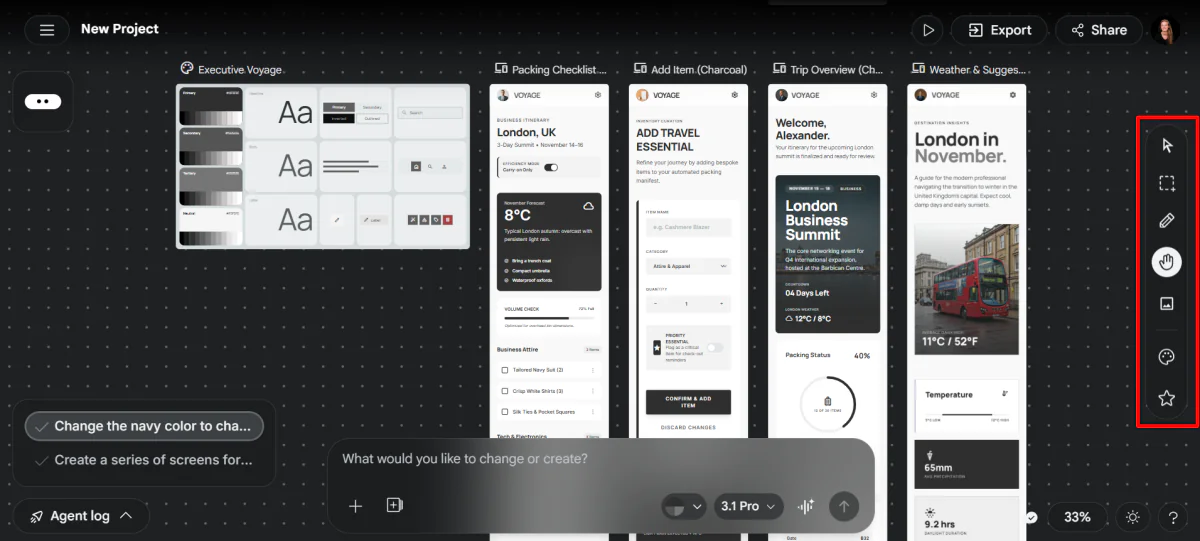 Editing tools in Google Stitch.
