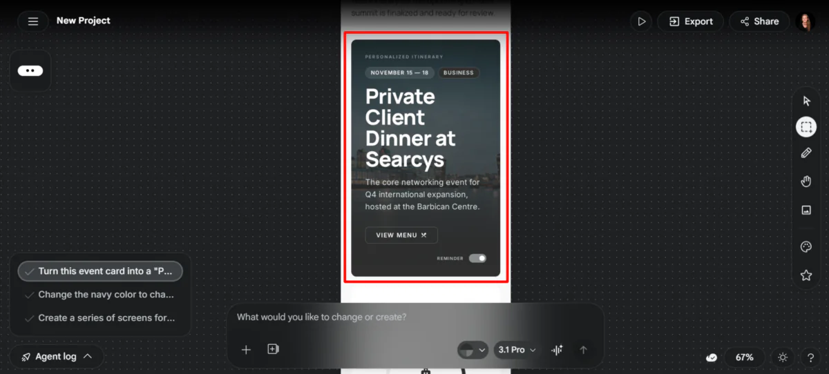 An updated card element generated with the Mark tool on the Stitch editor.