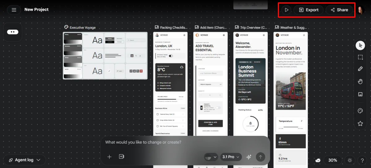 The preview, export, and share options from the Stitch canvas.