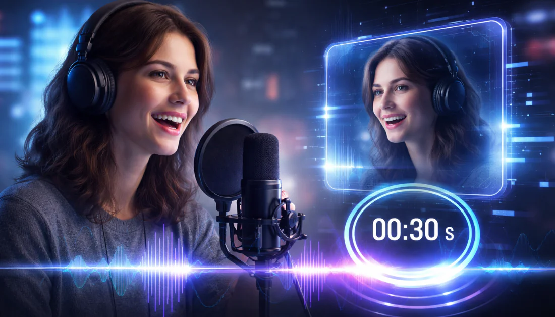 A woman cloning her voice with an AI tool in 30 seconds.