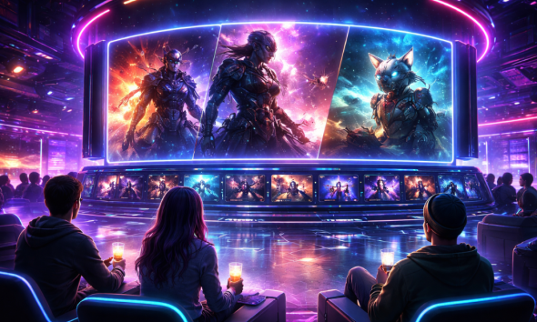 People in a movie theatre setting watching films on a futuristic screen.