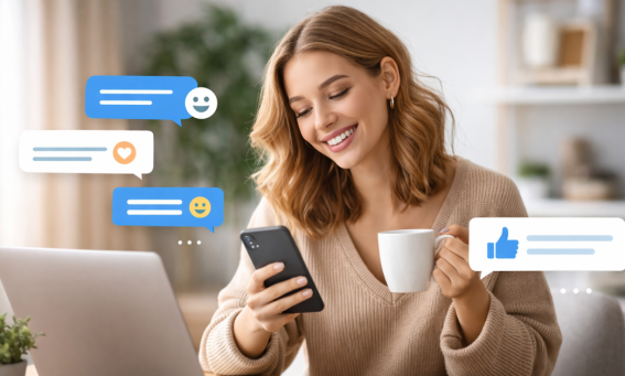 A blonde woman relaxing and smiling at her phone as AI automates her incoming messages.