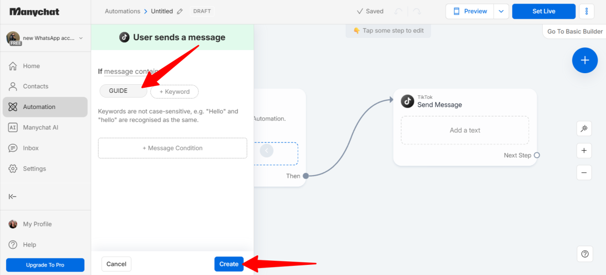 Adding keywords that trigger a flow created in Manychat.