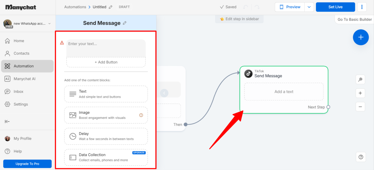 Writing an automatic message that responds to the trigger when creating a flow in Manychat.
