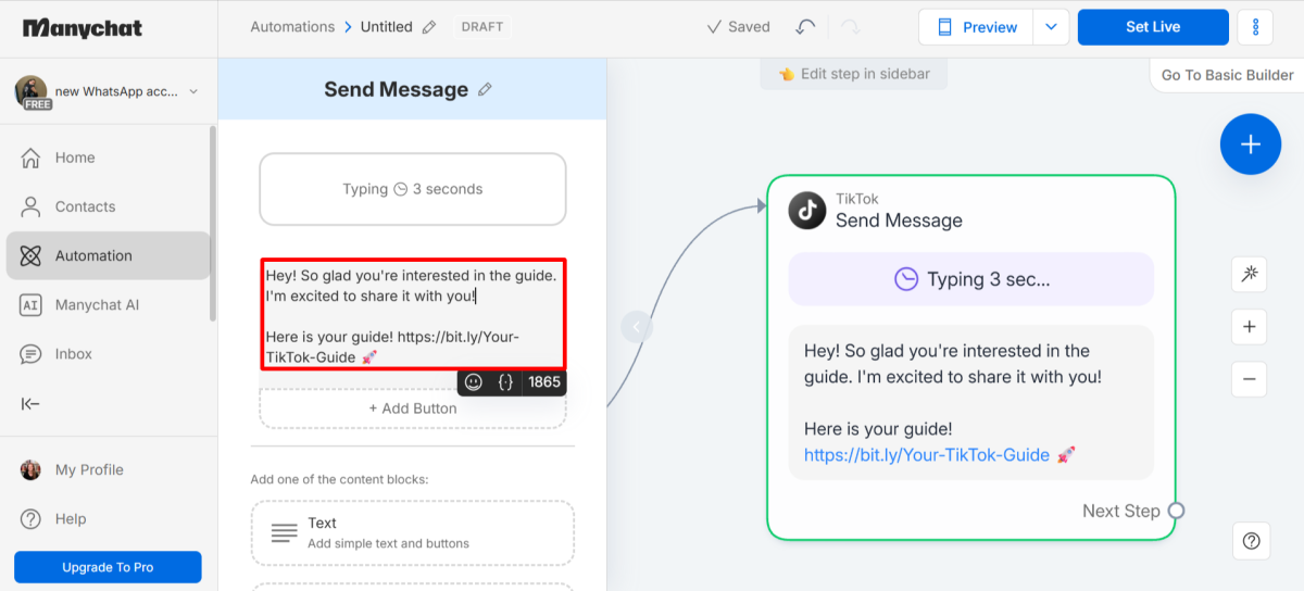 Adding a text response when creating a flow with Manychat.