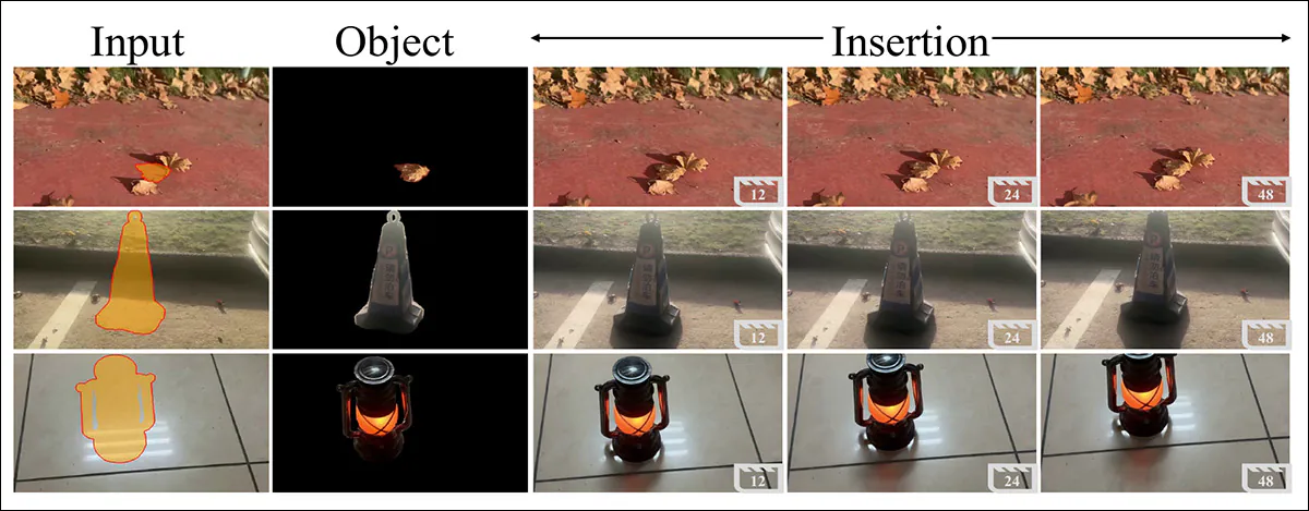 Video object insertion results. EffectErase inserts objects while preserving background content and generating consistent object-induced effects such as shadows and reflections across frames.