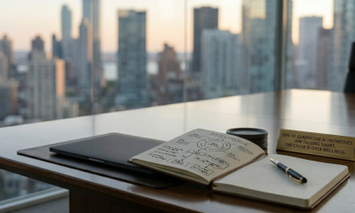 A professional boardroom table at sunset overlooking a city. On the table, an open notebook displays a hand-drawn 