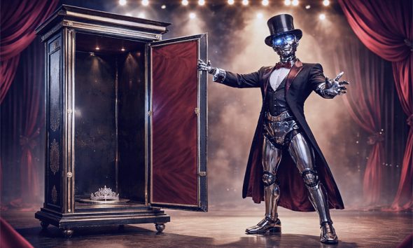 AI-generated stylized image depicting a magician robot showing an empty cabinet with a lady's tiara at the bottom. GPT-1.5