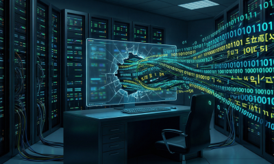 A digital 3D render of a dark server room with a computer monitor displaying a