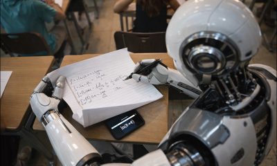 An AI-generated image (GPT1.5) depicting a robot cheating in an exam by using a smartphone.