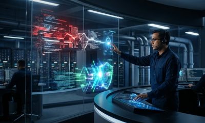 A modern cybersecurity SOC control room at night, showing analysts at glowing consoles overlooking a massive curved screen that visualizes a complex, adaptive red digital attack rapidly navigating a blue network grid.