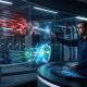 A modern cybersecurity SOC control room at night, showing analysts at glowing consoles overlooking a massive curved screen that visualizes a complex, adaptive red digital attack rapidly navigating a blue network grid.