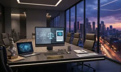 A professional boardroom at night featuring a large monitor displaying a glowing 