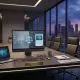 A professional boardroom at night featuring a large monitor displaying a glowing 