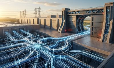 A high-tech data center landscape featuring glowing blue fiber-optic data streams converging into a complex network, passing through a massive, reinforced industrial gate that represents a 