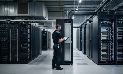 A professional technician in a modern data center inspecting a server rack with a tablet, showing a contrast between older server cabinets and new, high-density AI infrastructure.
