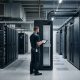 A professional technician in a modern data center inspecting a server rack with a tablet, showing a contrast between older server cabinets and new, high-density AI infrastructure.