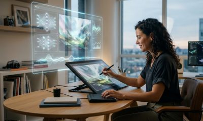 A digital artist using a stylus on a large tablet to edit an impressionistic landscape, with glowing holographic AI neural network interfaces floating above the desk.