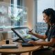 A digital artist using a stylus on a large tablet to edit an impressionistic landscape, with glowing holographic AI neural network interfaces floating above the desk.