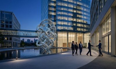 Business professionals shaking hands in a modern glass-walled corporate plaza next to a large glowing geometric sculpture representing AI connectivity and consolidation.