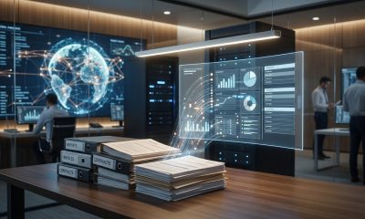 A dynamic image representing AI document intelligence, where data flows from physical stacks of labeled contracts and invoices into a holographic digital dashboard visualizing charts, metrics, and global business insights within a modern data center environment.
