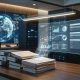 A dynamic image representing AI document intelligence, where data flows from physical stacks of labeled contracts and invoices into a holographic digital dashboard visualizing charts, metrics, and global business insights within a modern data center environment.