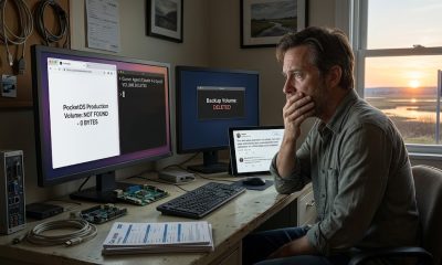 A widescreen, photorealistic image of a tech founder sitting in a dimly lit home office at dawn, his face showing visible shock and exhaustion while looking at computer monitors displaying critical system failure alerts.