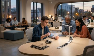 A young entrepreneur in a modern, collaborative workspace presents a holographic neural network diagram to two older, attentive professionals, illustrating the bridge between youth-led AI innovation and established industry experience.