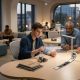 A young entrepreneur in a modern, collaborative workspace presents a holographic neural network diagram to two older, attentive professionals, illustrating the bridge between youth-led AI innovation and established industry experience.