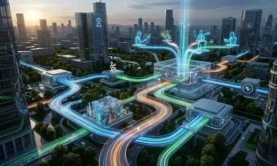 A widescreen, photorealistic digital landscape of a futuristic smart city where glowing data streams in various colors flow like highways between glass buildings and centralized glowing hubs.