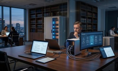 A focused legal professional sits at a modern desk in a law firm library, surrounded by multiple glowing computer monitors and tablets displaying disconnected data interfaces, representing the operational complexity of fragmented AI tools.