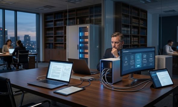 A focused legal professional sits at a modern desk in a law firm library, surrounded by multiple glowing computer monitors and tablets displaying disconnected data interfaces, representing the operational complexity of fragmented AI tools.