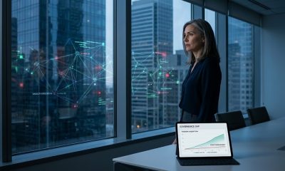 A female executive looks out a high-rise office window at night where a glowing, interconnected digital network of 
