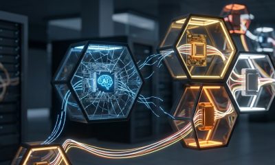 A series of glowing hexagonal glass modules containing microchips in a dark server room; one module on the left is cracked and glowing blue, while others remain intact and glowing amber, connected by flowing data cables.