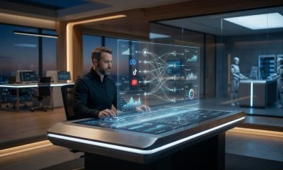 A photorealistic wide shot of a modern marketing strategist operating a sleek, holographic command console in a high-tech office. The interface displays interconnected nodes and data visualizations representing various social media platforms and performance metrics.