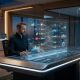 A photorealistic wide shot of a modern marketing strategist operating a sleek, holographic command console in a high-tech office. The interface displays interconnected nodes and data visualizations representing various social media platforms and performance metrics.