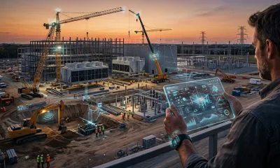A widescreen, photorealistic photograph captures a construction supervisor overlooking a massive data center project at dusk. From an elevated perspective, the supervisor holds a transparent, glowing digital tablet displaying a holographic 3D blue and orange schematic with floating data nodes. Below, cranes, heavy machinery, steel frameworks, cooling towers, and electric substations are active under a cinematic sunset sky, symbolizing the integration of physical construction and advanced AI orchestration.