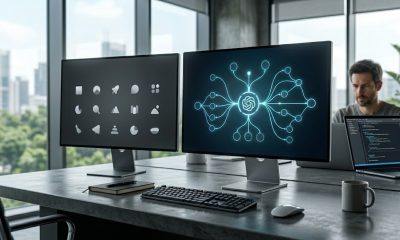 A widescreen, photorealistic view of a modern developer's workspace featuring two monitors. The left screen displays a grid of minimalist, geometric app icons, while the right screen shows a glowing blue abstract neural network representing an AI agent. A programmer works on a laptop in the soft-focus background of a high-rise office.
