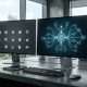 A widescreen, photorealistic view of a modern developer's workspace featuring two monitors. The left screen displays a grid of minimalist, geometric app icons, while the right screen shows a glowing blue abstract neural network representing an AI agent. A programmer works on a laptop in the soft-focus background of a high-rise office.