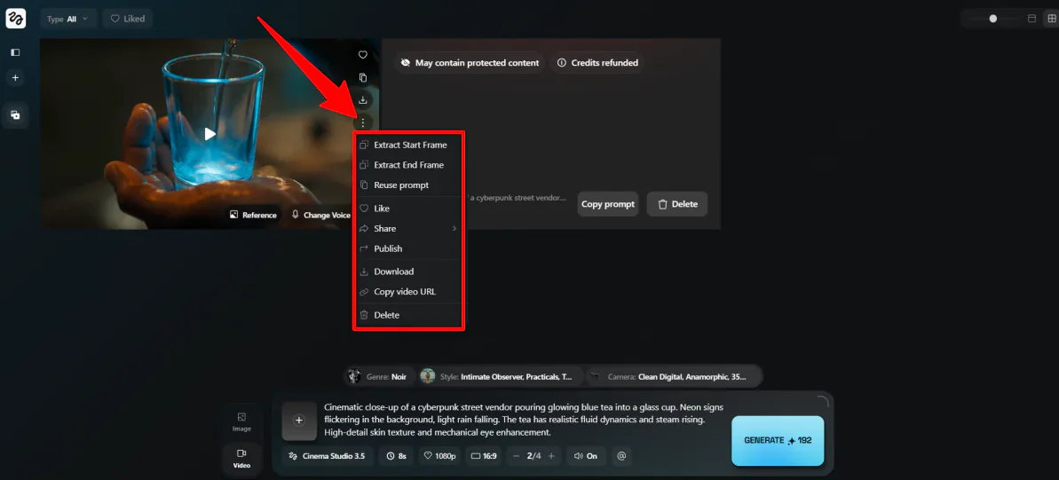 Exploring the options for a video generated with Higgsfield AI.