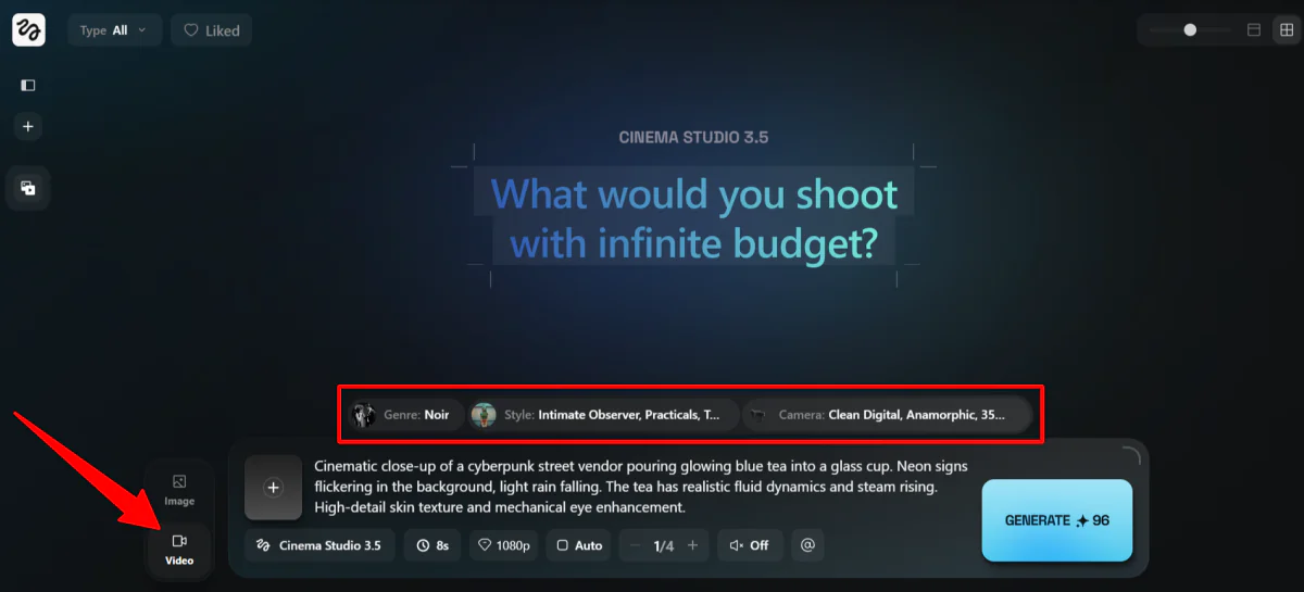 Tweaking the camera settings when generating a video with Higgsfield AI.